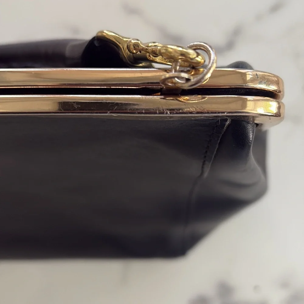 Clare V Black Leather Top-Handle Frame Bag with Gold Hardware